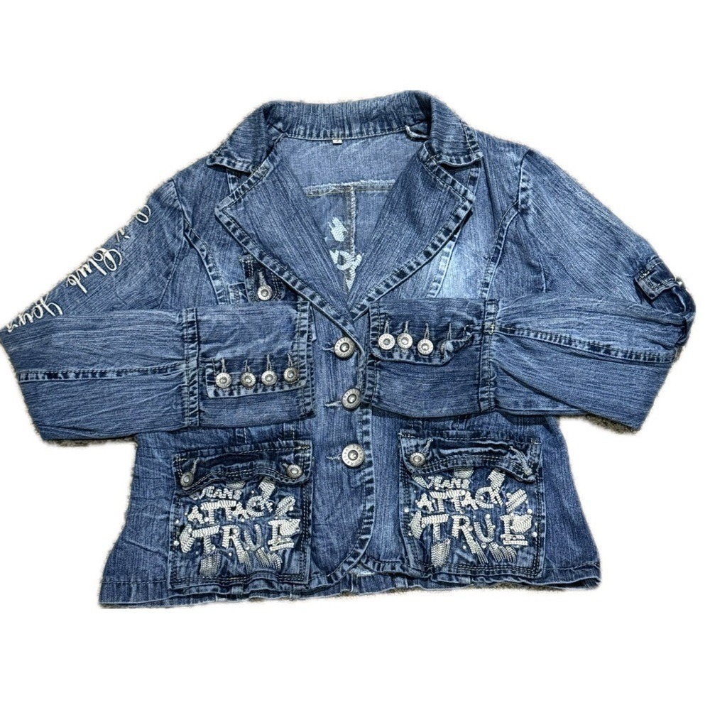 🧥🕺 RAYBAN x LUJ Y2K Blue Denim Jean Jacket | EU Club Scene Sz 4‎